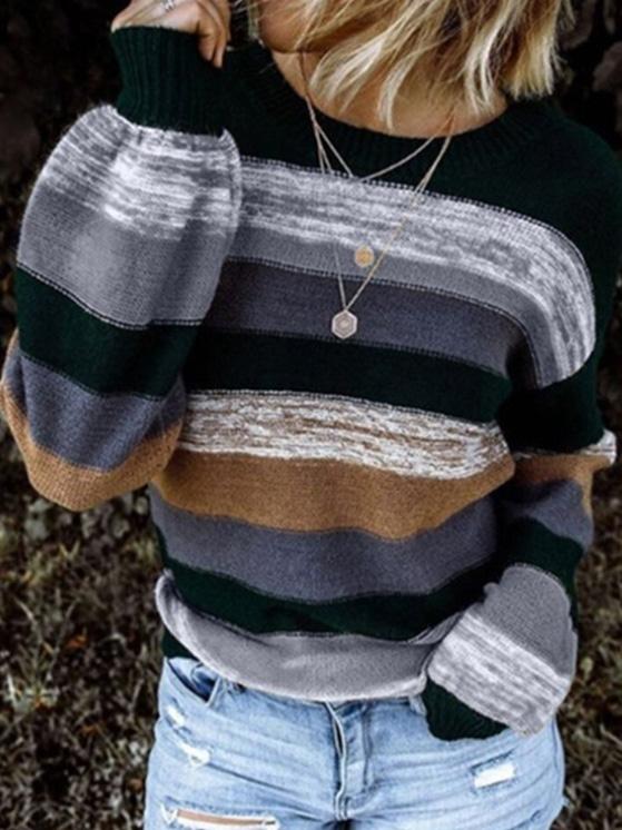 Women's Sweaters Round Neck Contrast Stitching Long Sleeve Striped Knitted Sweater - LuckyFash™