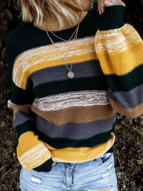 Women's Sweaters Round Neck Contrast Stitching Long Sleeve Striped Knitted Sweater - LuckyFash™