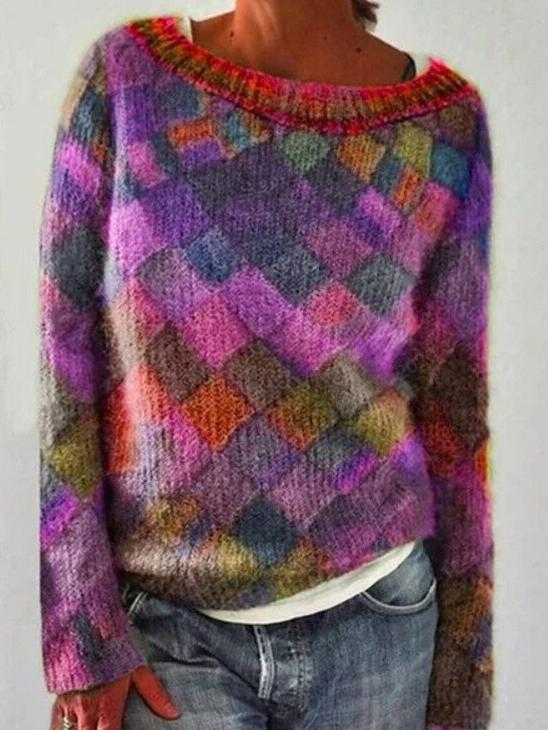 Women's Sweaters Round Neck Diamond Long Sleeve Sweater - LuckyFash™