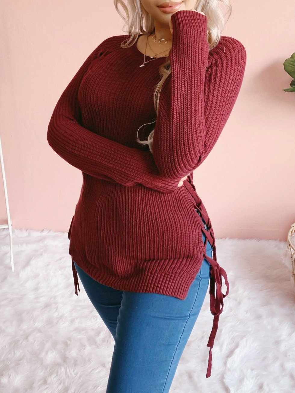 Women's Sweaters Round Neck Solid Belted Long Sleeve Sweater - LuckyFash™