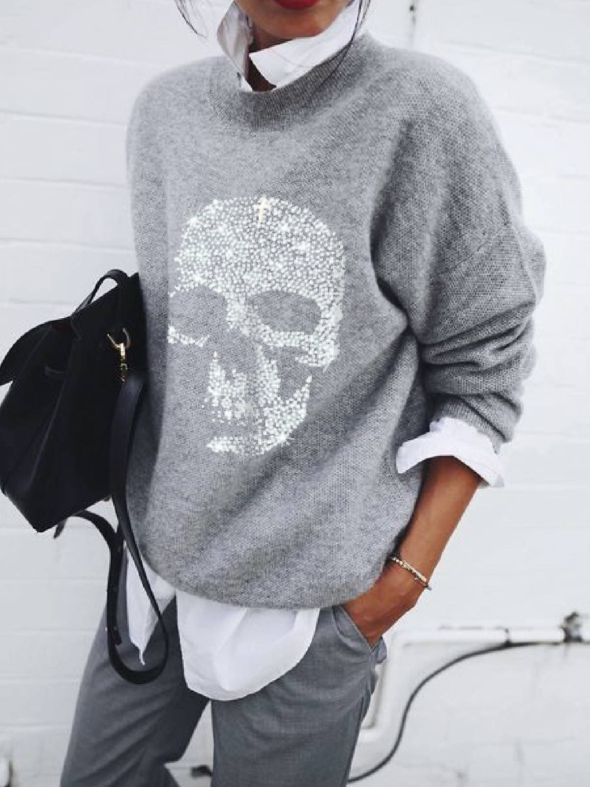 Sweaters Skull Print Long Sleeve Casual Sweater - LuckyFash™