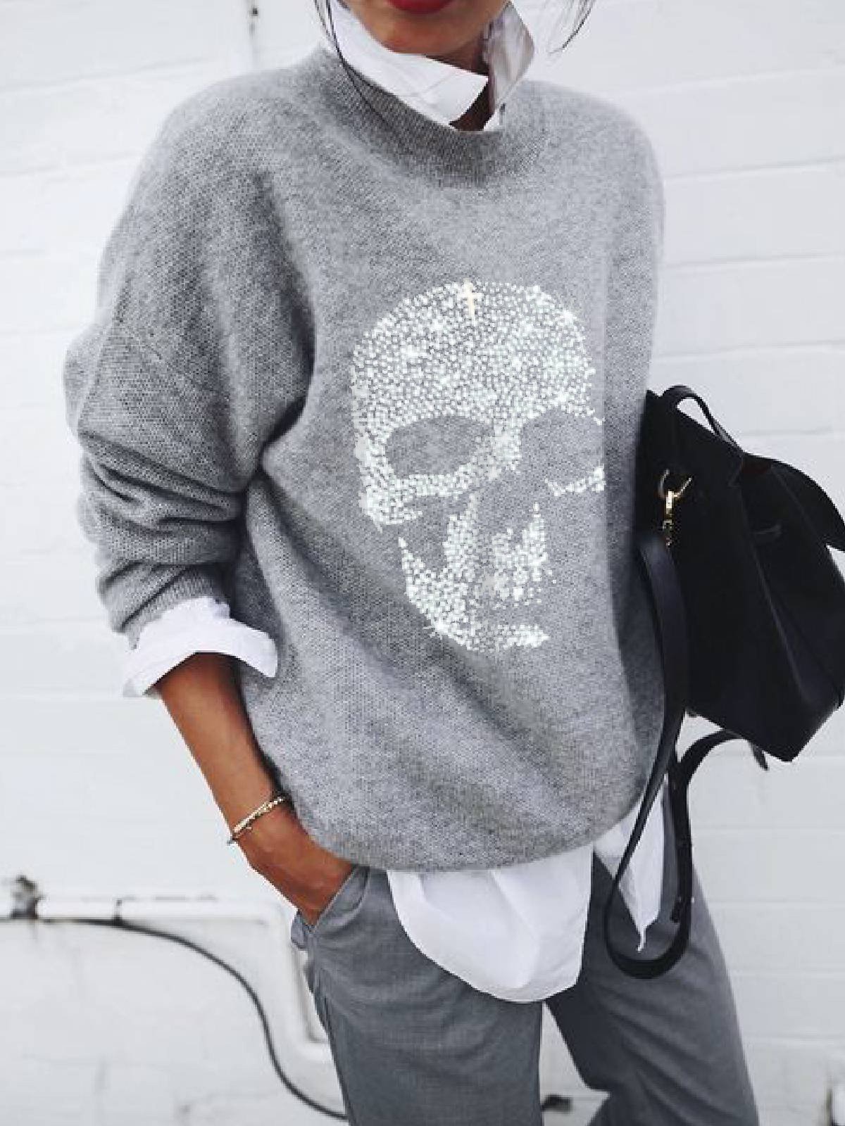 Sweaters Skull Print Long Sleeve Casual Sweater - LuckyFash™