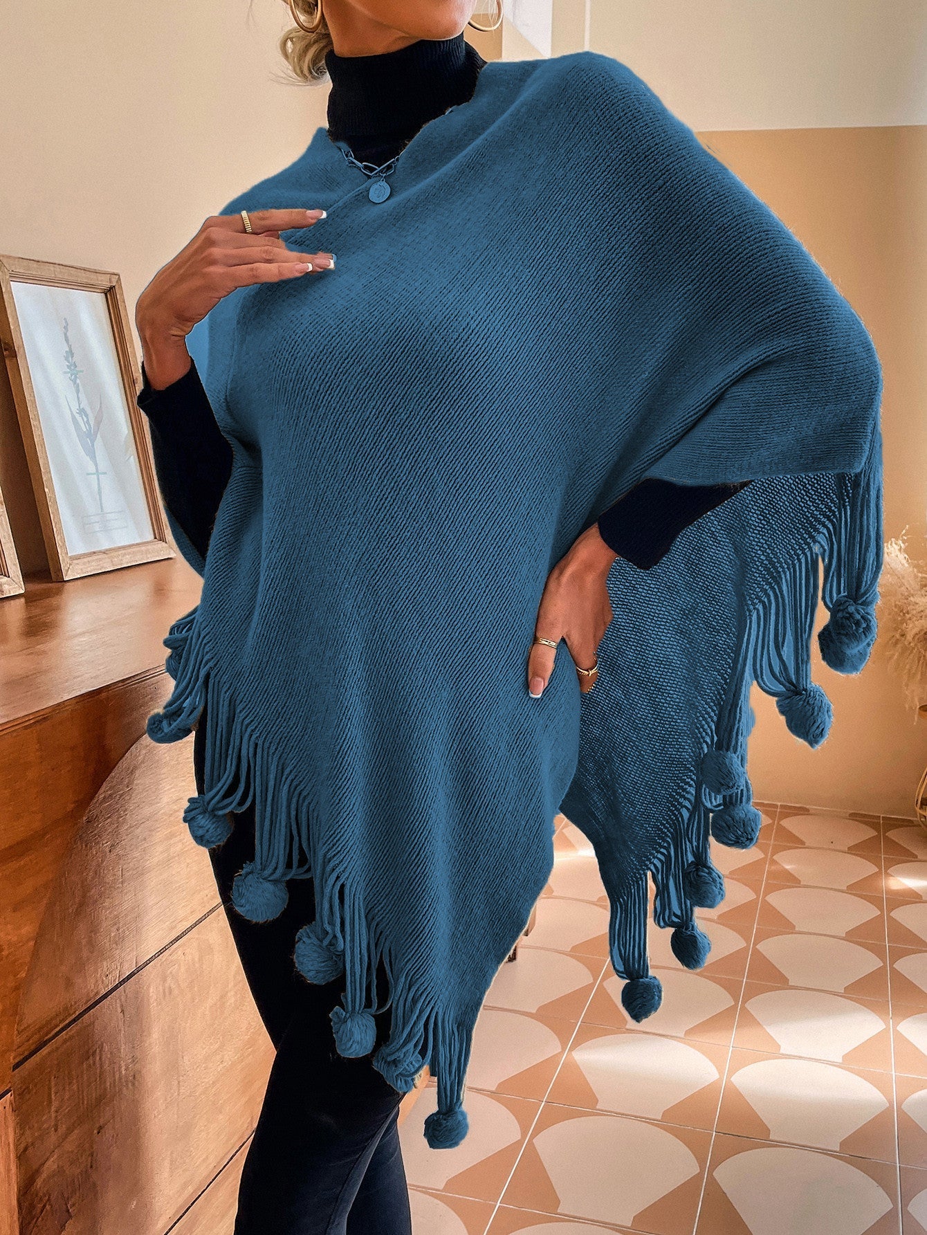Women's Sweaters Solid Fringe Fur Ball Shawl Sweater - LuckyFash™