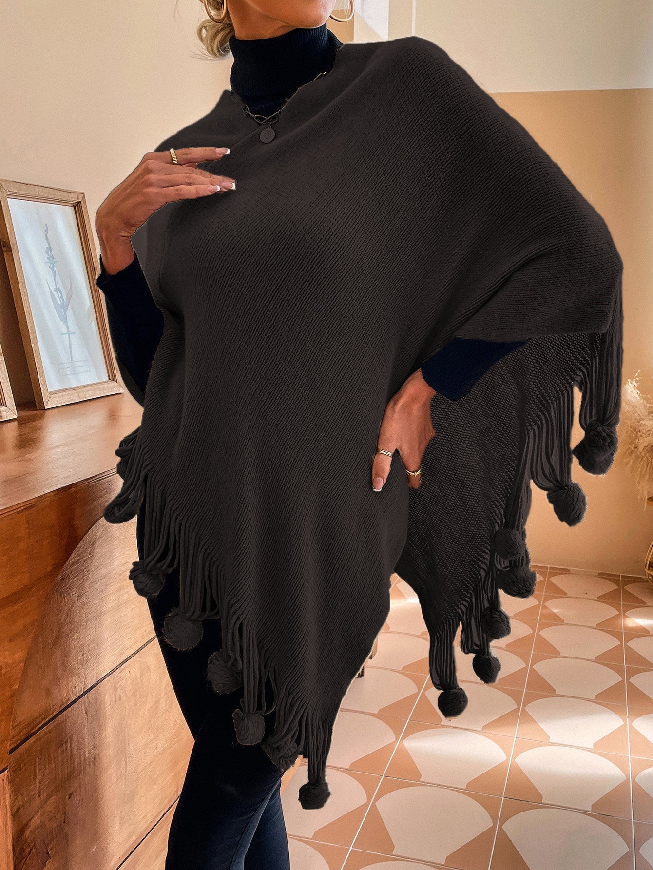 Women's Sweaters Solid Fringe Fur Ball Shawl Sweater - LuckyFash™