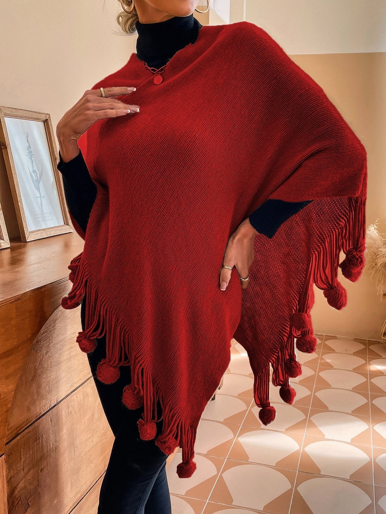 Women's Sweaters Solid Fringe Fur Ball Shawl Sweater - LuckyFash™