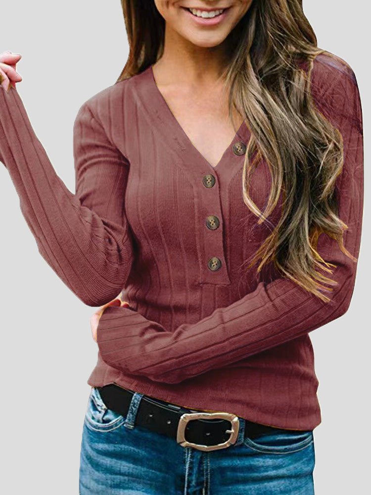 Women's Sweaters Solid V-Neck Button Long Sleeve Knit Sweater - LuckyFash™