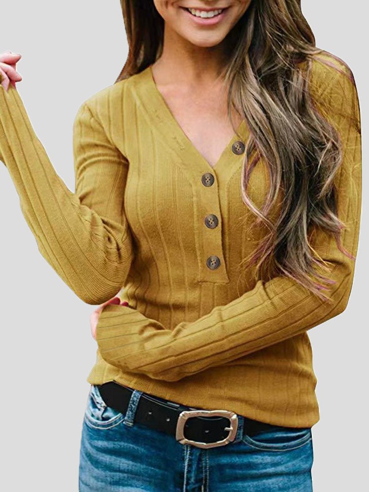 Women's Sweaters Solid V-Neck Button Long Sleeve Knit Sweater - LuckyFash™