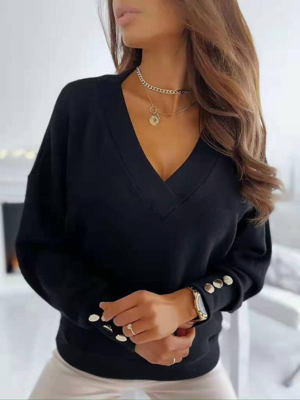Women's Sweaters Solid V-Neck Long Sleeve Button Sweater - LuckyFash™