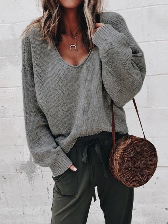 Women's Sweaters Solid V-Neck Long Sleeve Sweater - LuckyFash™