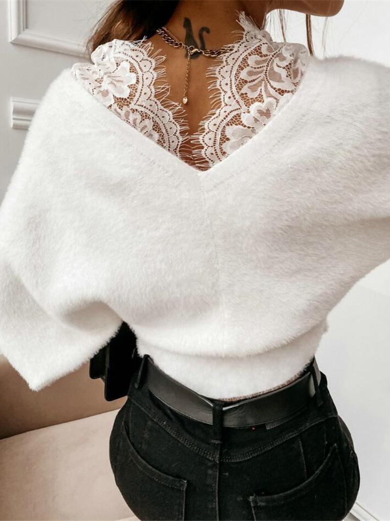 Women's Sweaters Sweet Lace V-Neck Long Sleeve Sweater - LuckyFash™