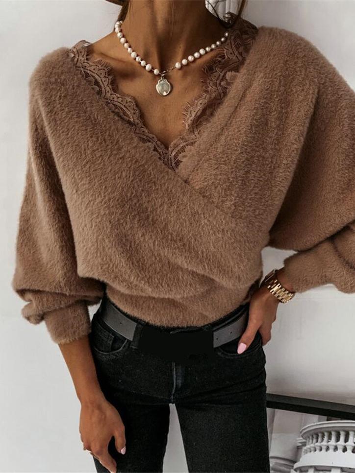 Women's Sweaters Sweet Lace V-Neck Long Sleeve Sweater - LuckyFash™