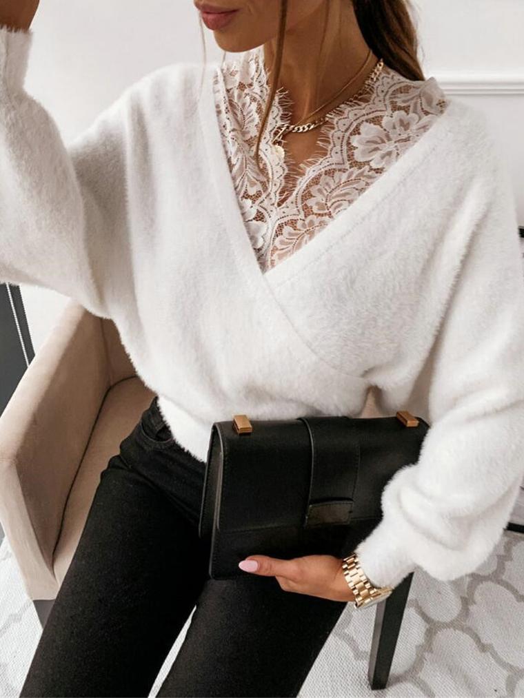 Women's Sweaters Sweet Lace V-Neck Long Sleeve Sweater - LuckyFash™