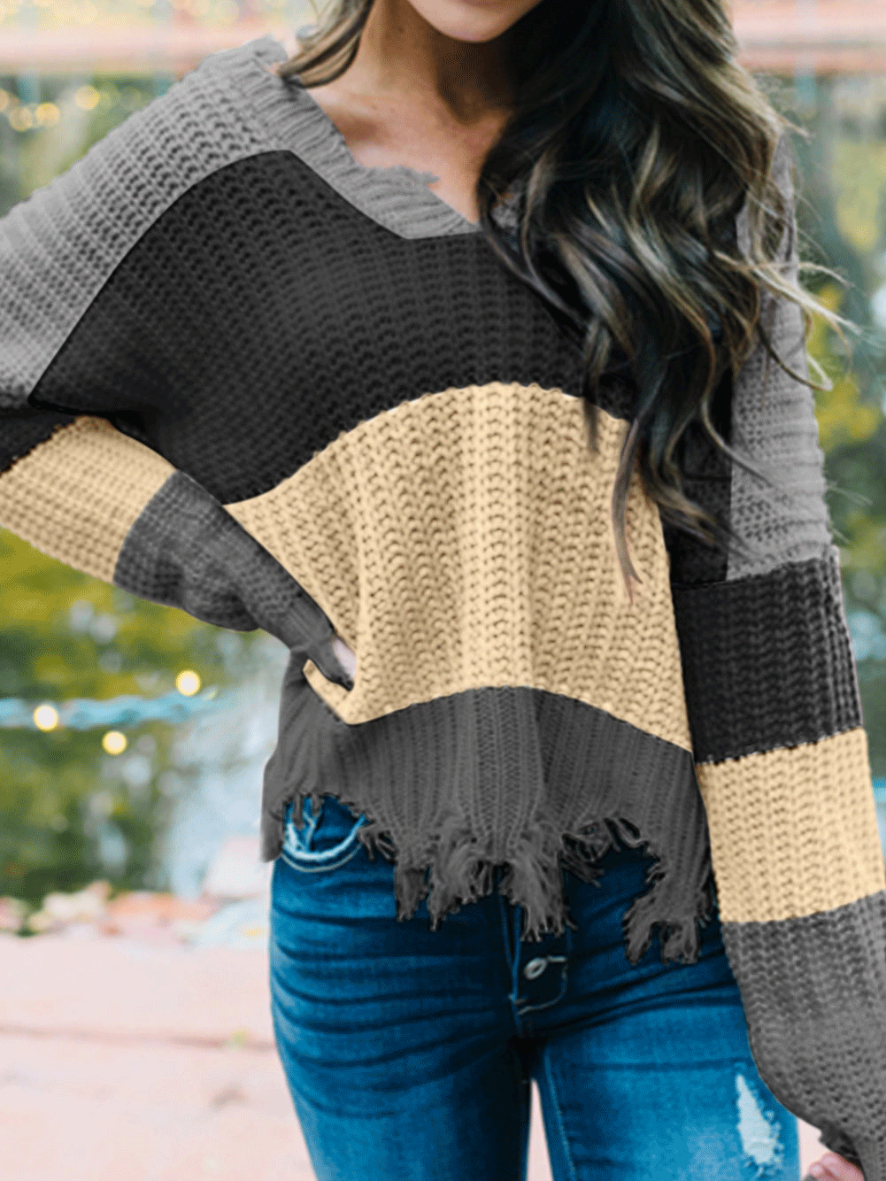 Women's Sweaters V-Neck Contrast Striped Fringe Long Sleeve Sweater - LuckyFash™