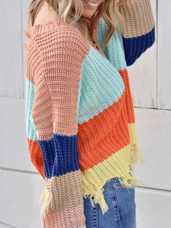Women's Sweaters V-Neck Contrast Striped Fringe Long Sleeve Sweater - LuckyFash™