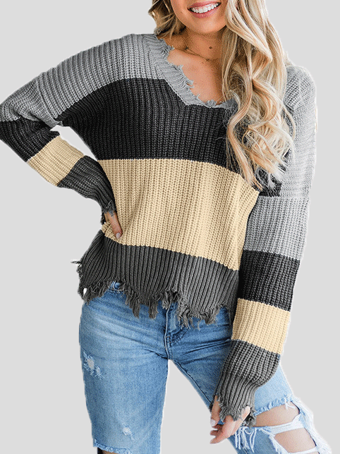 Women's Sweaters V-Neck Contrast Striped Fringe Long Sleeve Sweater - LuckyFash™