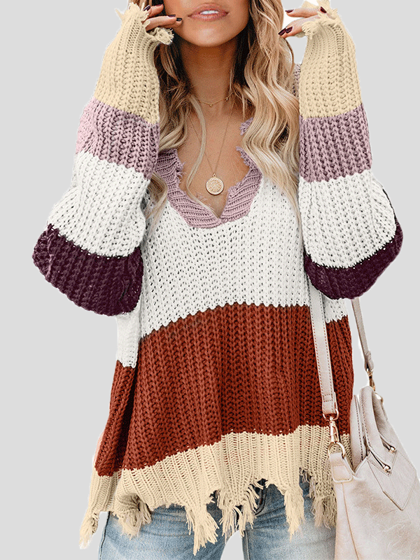 Women's Sweaters V-Neck Contrast Striped Fringe Long Sleeve Sweater - LuckyFash™
