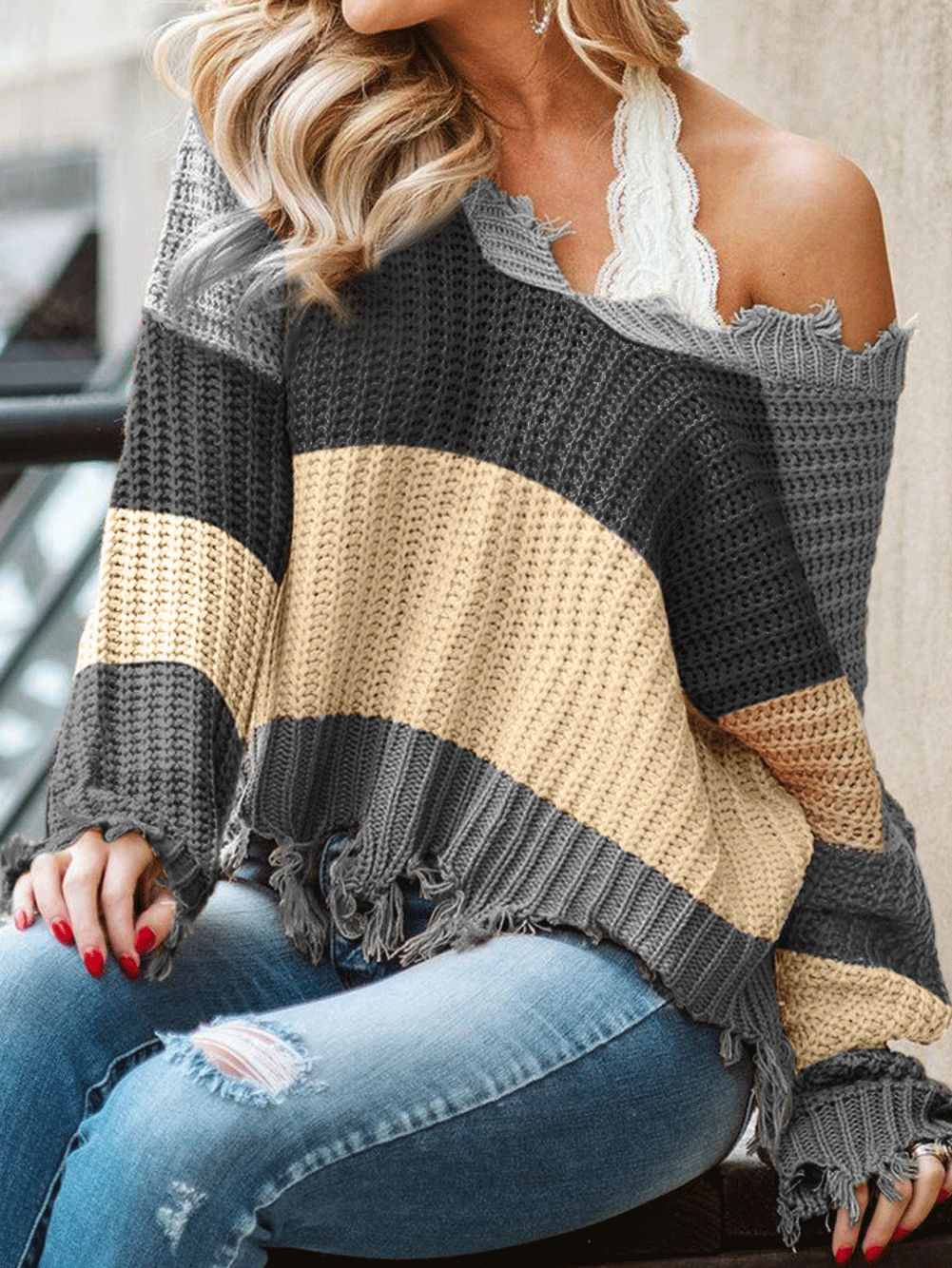 Women's Sweaters V-Neck Contrast Striped Fringe Long Sleeve Sweater - LuckyFash™