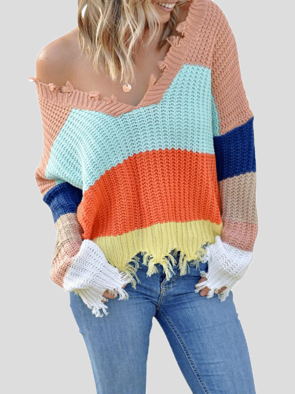 Women's Sweaters V-Neck Contrast Striped Fringe Long Sleeve Sweater - LuckyFash™