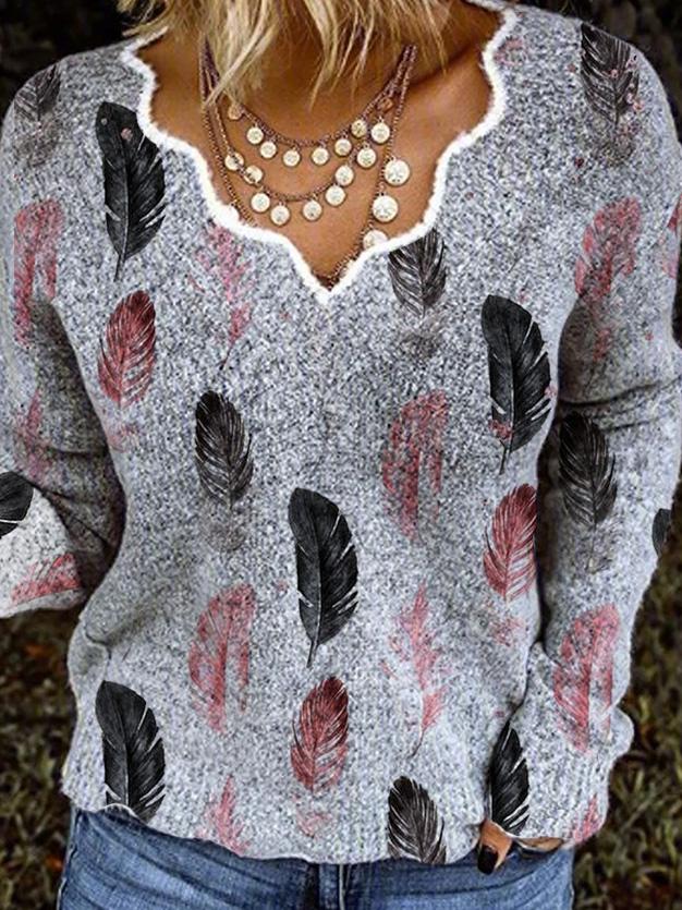 Women's Sweaters V-Neck Feather Print Long Sleeve Sweater - LuckyFash™
