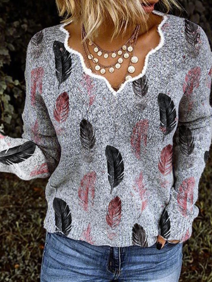 Women's Sweaters V-Neck Feather Print Long Sleeve Sweater - LuckyFash™