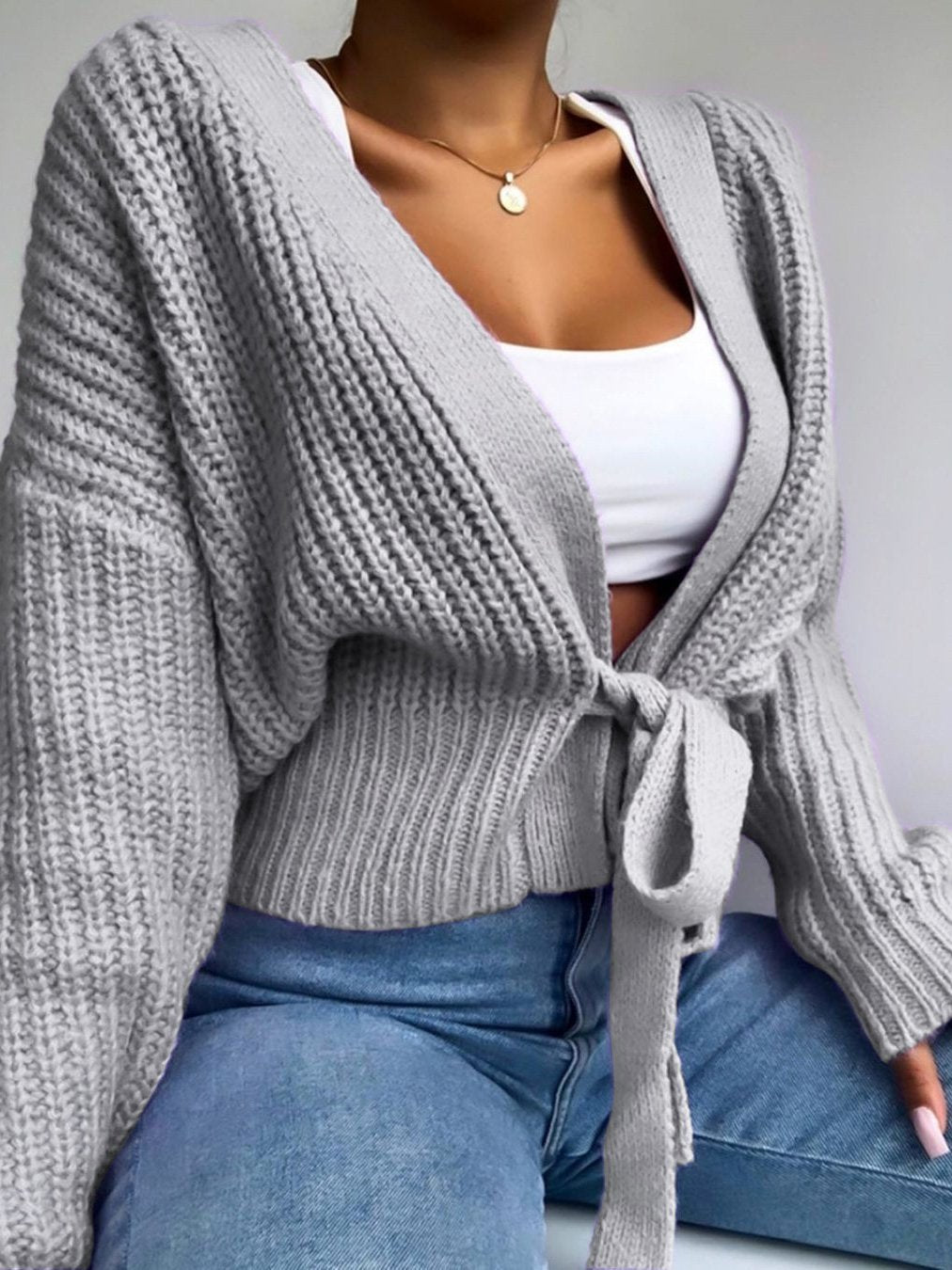 Women's Sweaters V-Neck Long Sleeve Lace-Up Knitted Sweater - LuckyFash™