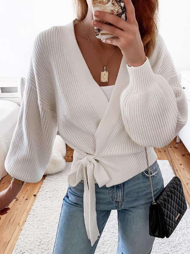 Women's Sweaters V-Neck Long Sleeve Lace-Up Knitted Sweater - LuckyFash™