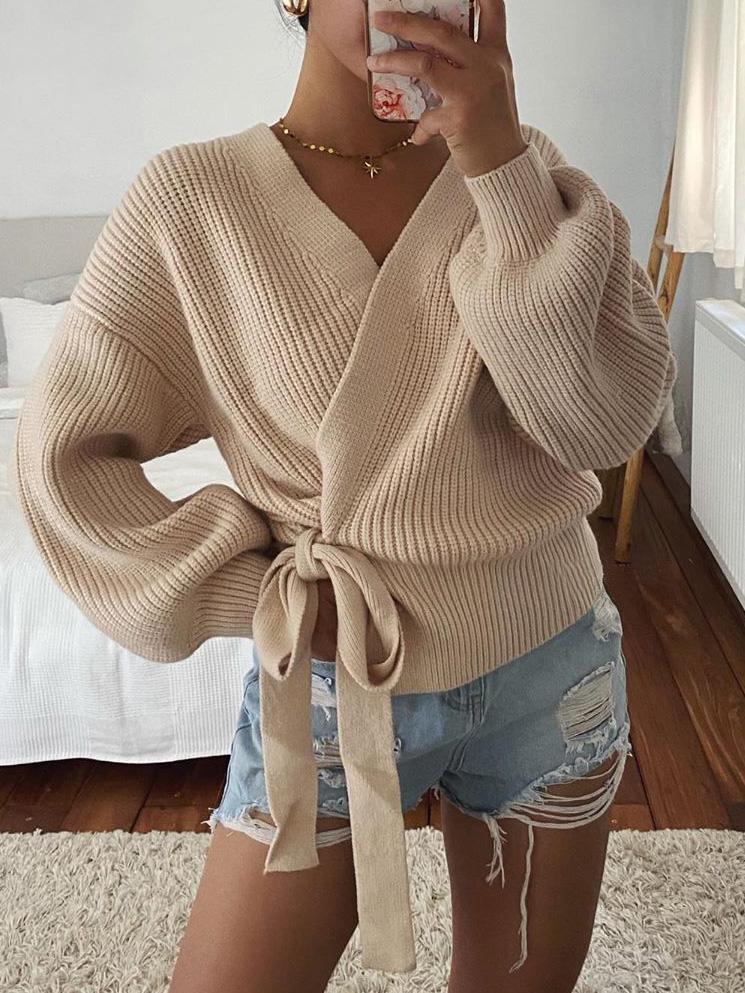 Women's Sweaters V-Neck Long Sleeve Lace-Up Knitted Sweater - LuckyFash™
