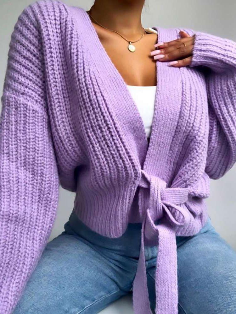 Women's Sweaters V-Neck Long Sleeve Lace-Up Knitted Sweater - LuckyFash™