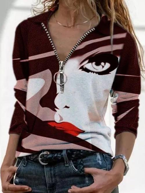 Women's T-Shirts Abstract Character Print V-Neck Long Sleeve T-Shirt - LuckyFash™