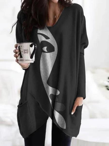 Women's T-Shirts Abstract Face Print Long Sleeve Mid-Length T-Shirt - LuckyFash™
