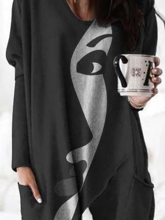 Women's T-Shirts Abstract Face Print Long Sleeve Mid-Length T-Shirt - LuckyFash™