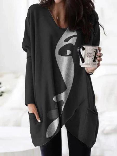 Women's T-Shirts Abstract Face Print Long Sleeve Mid-Length T-Shirt - LuckyFash™