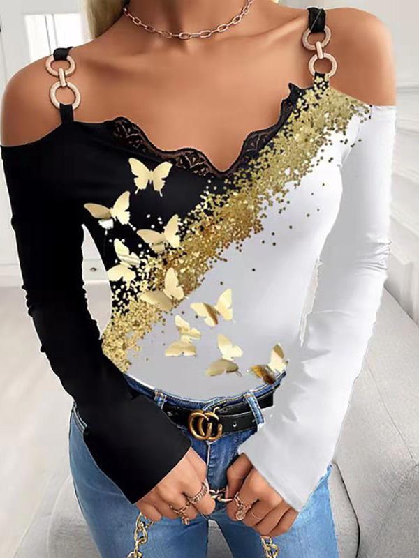 Women's T-Shirts Bronzing Butterfly Print Off-Shoulder T-Shirt - LuckyFash™