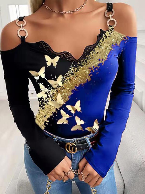 Women's T-Shirts Bronzing Butterfly Print Off-Shoulder T-Shirt - LuckyFash™