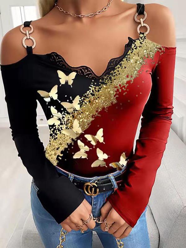 Women's T-Shirts Bronzing Butterfly Print Off-Shoulder T-Shirt - LuckyFash™