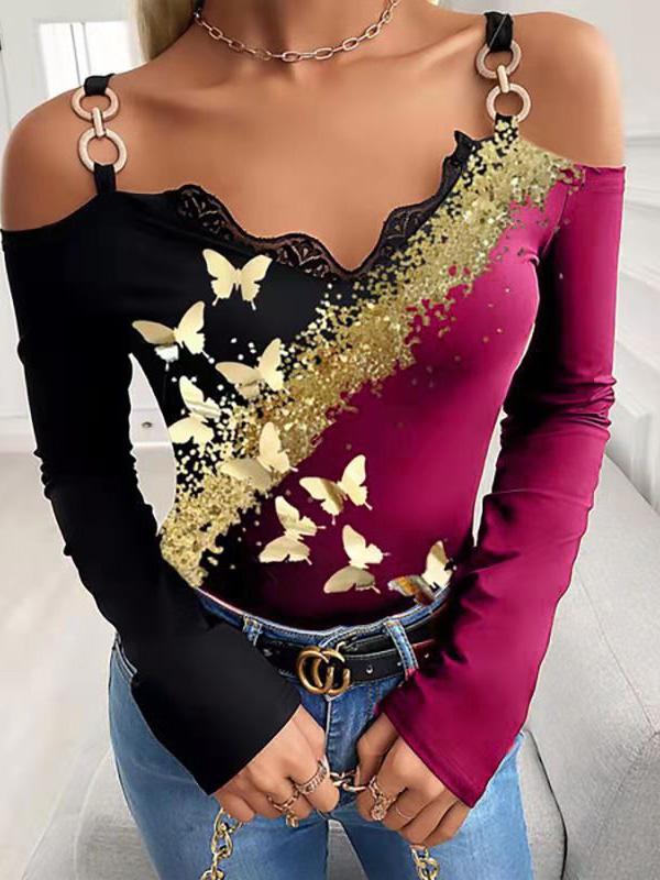 Women's T-Shirts Bronzing Butterfly Print Off-Shoulder T-Shirt - LuckyFash™