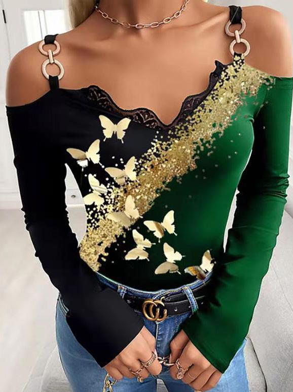 Women's T-Shirts Bronzing Butterfly Print Off-Shoulder T-Shirt - LuckyFash™