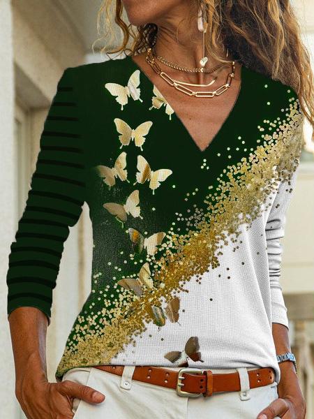 Women's T-Shirts Butterfly Print Long Sleeve V-Neck T-Shirt - LuckyFash™