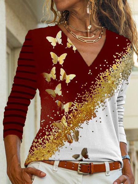Women's T-Shirts Butterfly Print Long Sleeve V-Neck T-Shirt - LuckyFash™