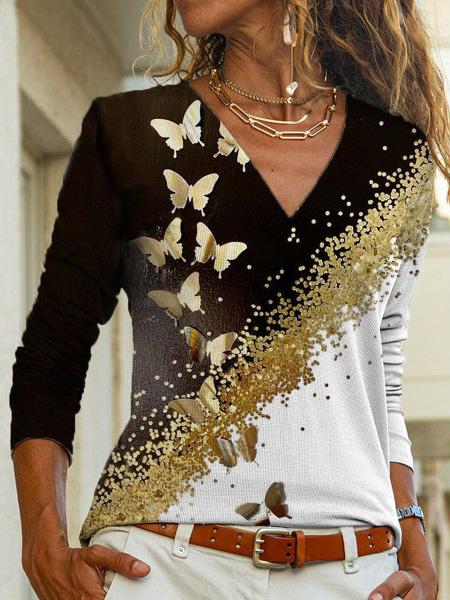 Women's T-Shirts Butterfly Print Long Sleeve V-Neck T-Shirt - LuckyFash™