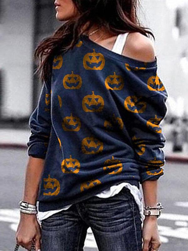Women's T-Shirts Halloween Skull Bat Print Round Neck Long Sleeve T-Shirts - LuckyFash™