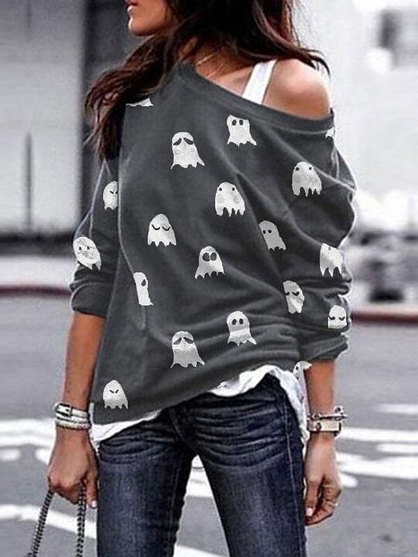 Women's T-Shirts Halloween Skull Bat Print Round Neck Long Sleeve T-Shirts - LuckyFash™