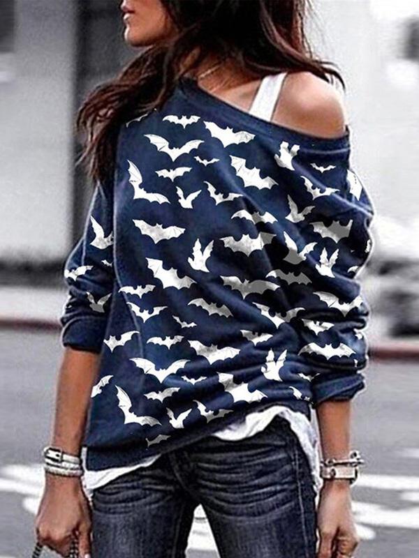 Women's T-Shirts Halloween Skull Bat Print Round Neck Long Sleeve T-Shirts - LuckyFash™