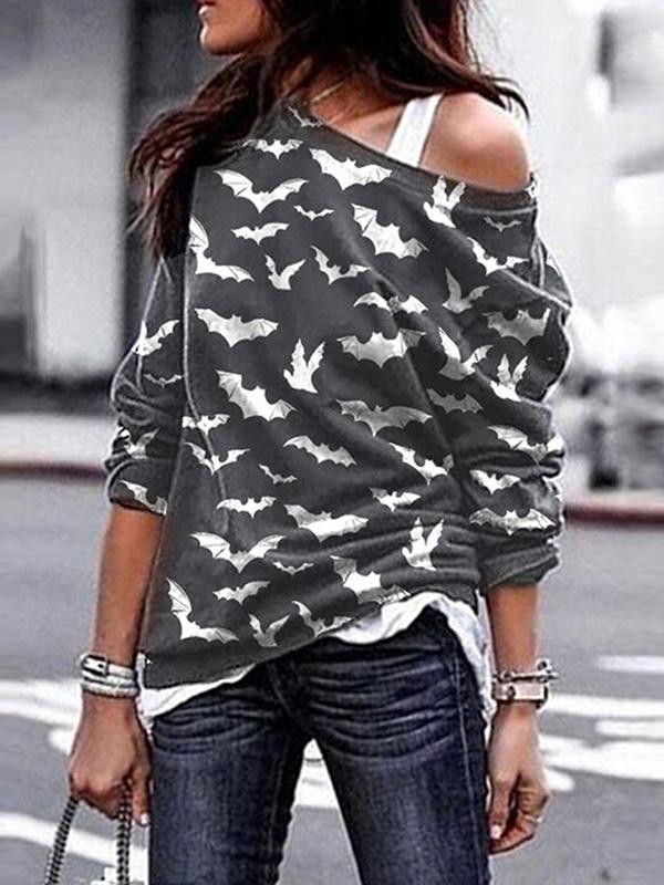 Women's T-Shirts Halloween Skull Bat Print Round Neck Long Sleeve T-Shirts - LuckyFash™