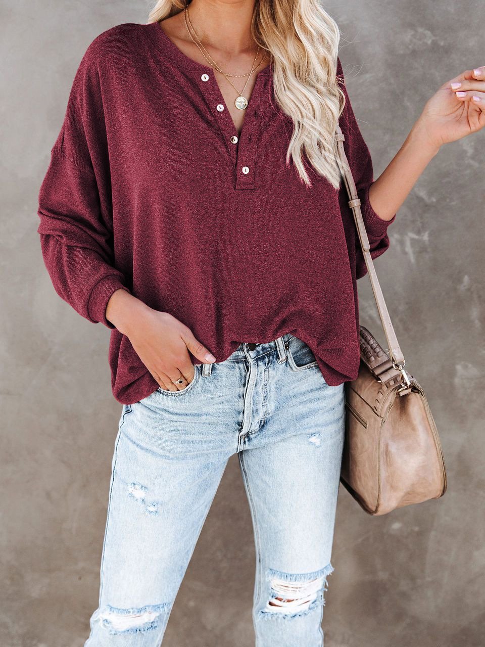 Women's T-Shirts Casual V-Neck Button Loose Cashmere Knit T-Shirts - LuckyFash™