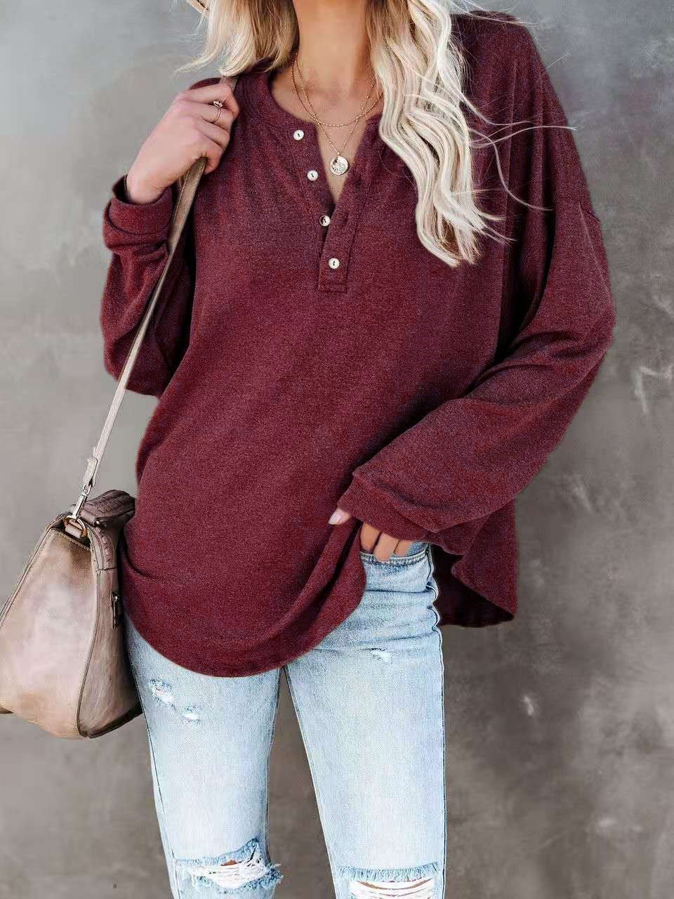 Women's T-Shirts Casual V-Neck Button Loose Cashmere Knit T-Shirts - LuckyFash™