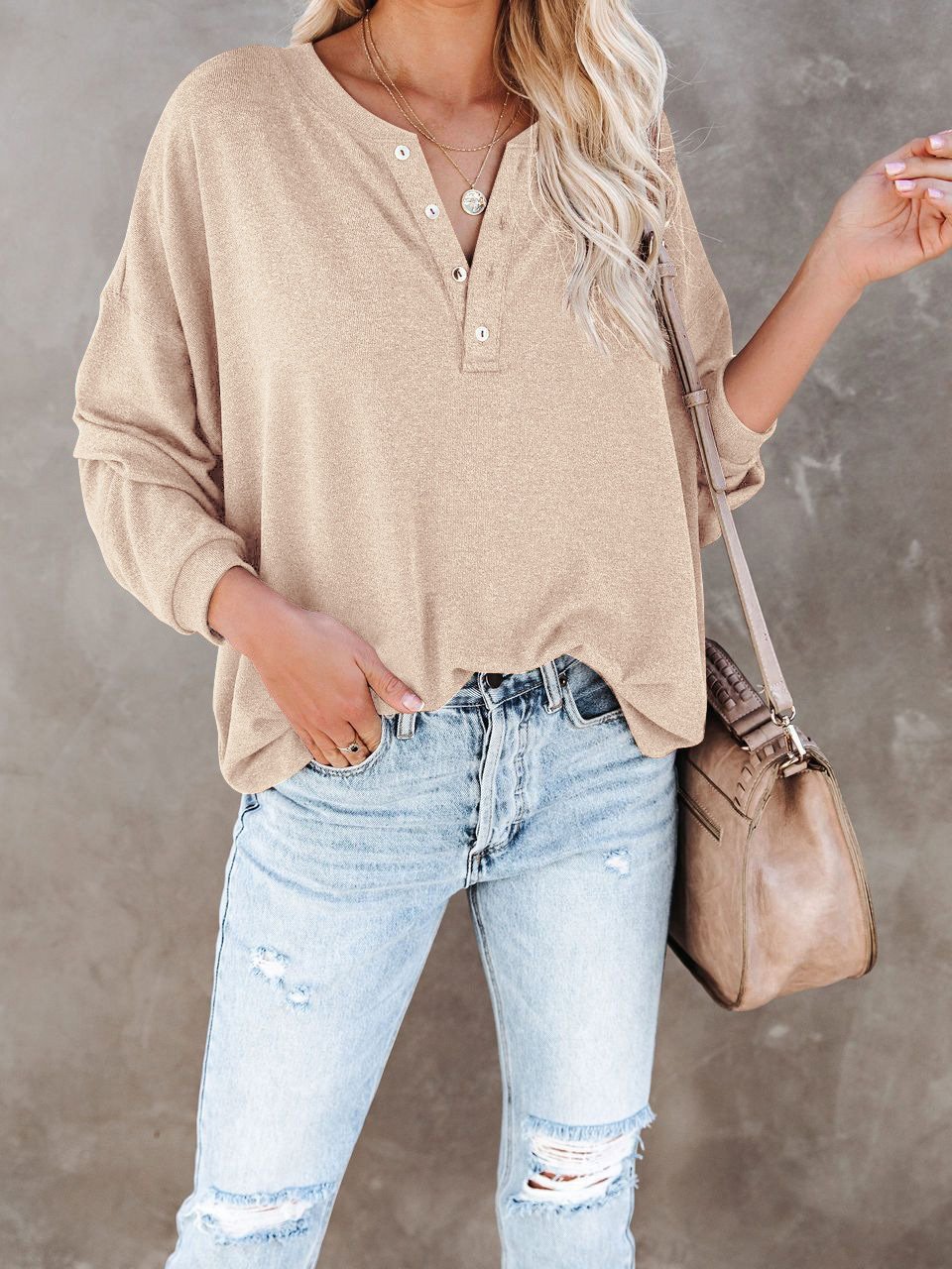 Women's T-Shirts Casual V-Neck Button Loose Cashmere Knit T-Shirts - LuckyFash™