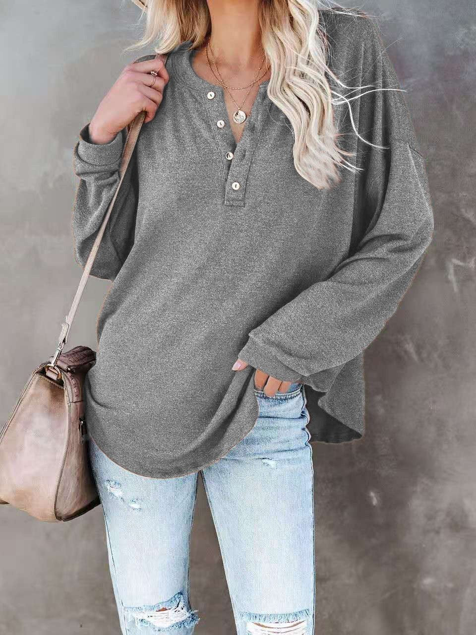 Women's T-Shirts Casual V-Neck Button Loose Cashmere Knit T-Shirts - LuckyFash™
