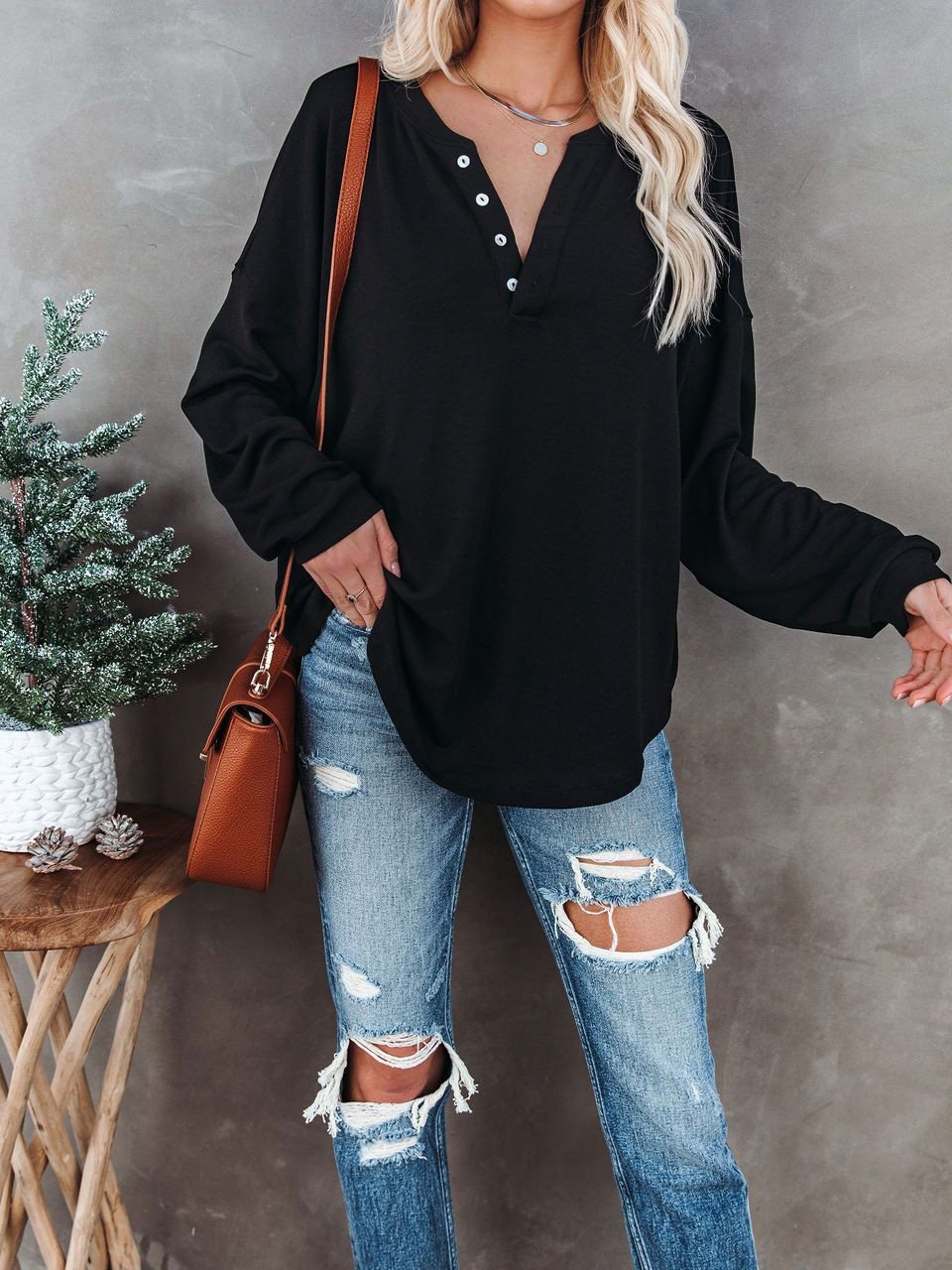 Women's T-Shirts Casual V-Neck Button Loose Cashmere Knit T-Shirts - LuckyFash™
