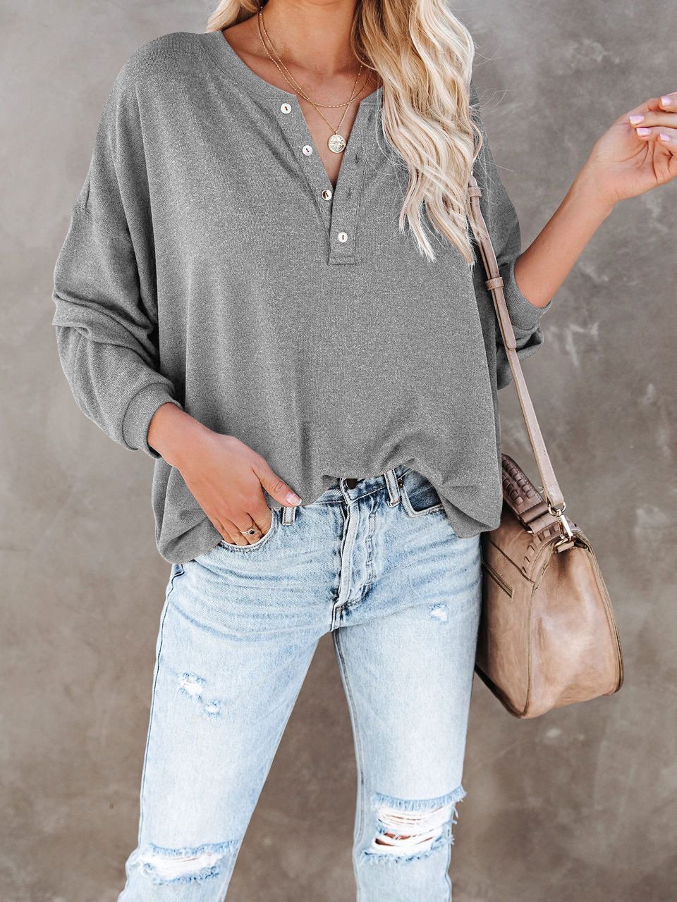 Women's T-Shirts Casual V-Neck Button Loose Cashmere Knit T-Shirts - LuckyFash™